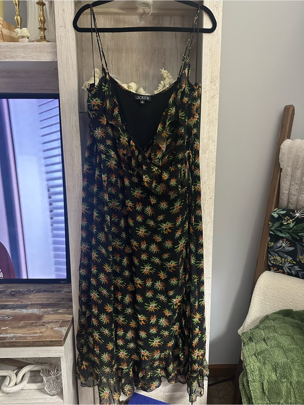 J. Crew Black Maxi Slip Dress with Orange & Green Floral Motif